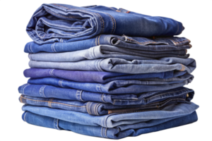 A neatly stacked pile of blue jeans of various shades and textures png