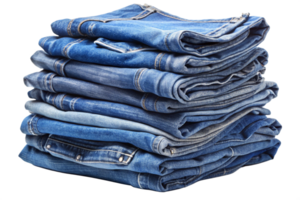 A neatly stacked pile of various blue denim jeans showing different shades and textures png