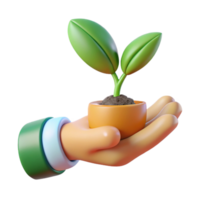 A 3D Render of a Helping Hand Gently Holding a Small Potted Plant with Two Green Leaves png