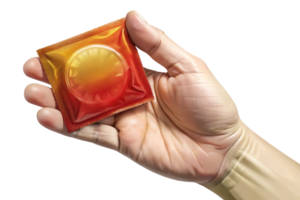 A hand holding a condom package showing a red and yellow design png