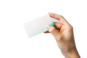 A hand holding a blank white card with a teal edge, showcasing a clean and simple design for various uses png