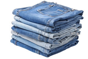 Neatly stacked pile of various shades of blue jeans, showcasing different denim textures and folds png