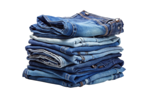 A neatly stacked pile of blue jeans on a black background showcasing various shades of denim png
