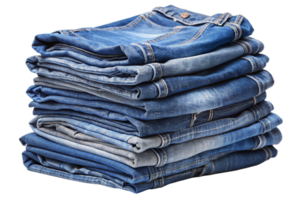 A neatly stacked pile of various blue jeans showcasing different shades and textures of denim png