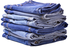 A neat stack of folded blue jeans of varying shades and textures png