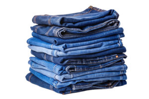 A neatly stacked pile of blue jeans isolated on a black background showing various shades of denim png
