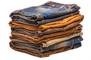 A neatly stacked pile of various colored jeans showcasing different shades of denim and brown fabrics png