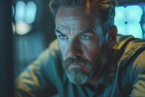 Focused middle-aged Caucasian man with a beard, intensely working on a high-tech device in a dimly lit setting. photo
