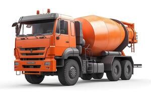 An orange cement mixer truck parked on a clean surface, showcasing its large rotating drum and robust build. photo
