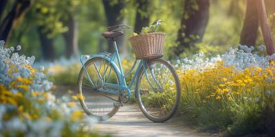 A vintage blue bicycle with a woven basket, surrounded by vibrant yellow and blue flowers in a serene park setting. photo