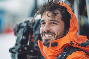 A smiling young Hispanic man in a bright orange winter jacket, enjoying the snow-covered landscape. photo