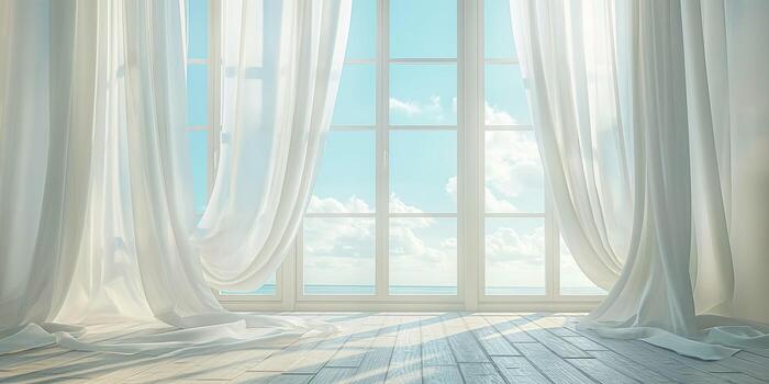 un sereno ver de un brillante habitación con fluido blanco cortinas suavemente balanceo por un abierto ventana, atractivo en suave luz de sol. foto