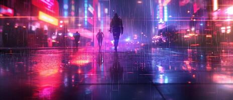 A silhouette of a figure walks through a vibrant, neon-lit street at night, reflecting colors on the wet pavement. photo