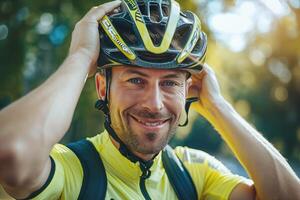 Smiling Caucasian man in bright yellow cycling gear adjusts his helmet outdoors on a sunny day. photo