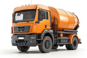 An orange cement mixer truck parked with a clean and modern design, ready for construction work. photo