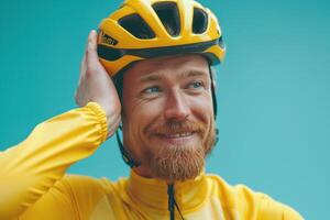 Smiling Caucasian male cyclist in a bright yellow helmet and jersey against a blue background, exuding confidence and joy. photo