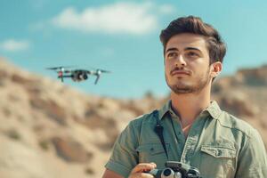 A young Caucasian man operating a drone in a scenic outdoor setting, showcasing a blend of technology and nature. photo