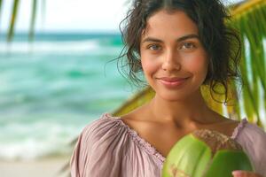 Young woman of Latin descent enjoying a tropical beach with a coconut in hand, radiating joy and natural beauty. photo