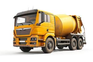 A bright yellow cement mixer truck parked on a clean white background, showcasing its modern design and robust features. photo