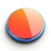 A vibrant, glossy button with a gradient of orange and blue colors, designed for interactive applications. photo