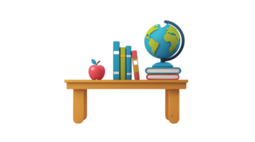 Educational Setup with Apple, Books, and Globe on a Wooden Desk for Learning and Teaching png