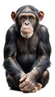 A thoughtful chimpanzee sits with hands clasped, showcasing deep eyes and expressive features. photo