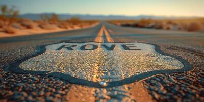 A serene desert highway with a close-up view of a faded road sign reading 'ROVE', bathed in golden sunset light. photo