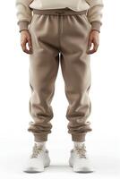 Stylish male model in beige joggers and white sneakers, showcasing a contemporary streetwear look. photo