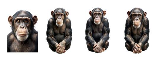A group of four expressive chimpanzees, showcasing their intelligent gazes and relaxed postures against a neutral background. photo