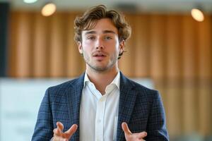 A young Caucasian man in a business suit confidently speaks, showcasing his engaging presentation skills in a modern office setting. photo