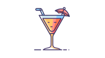 A colorful cocktail in a martini glass with a straw and umbrella perfect for party themes and png