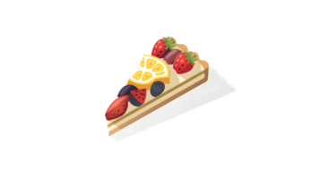 A slice of fruittopped cake with strawberries blueberries and lemon slices on a white plate png