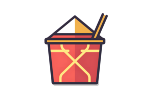 A vibrant red bucket with a yellow handle lid and utensils inside perfect for gardening or o png