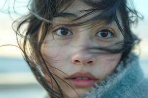 Close-up of a young Asian woman with tousled hair, gazing thoughtfully into the distance with a soft, contemplative expression. photo