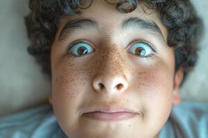 A young boy with curly hair and freckles shows a funny expression while lying down. photo