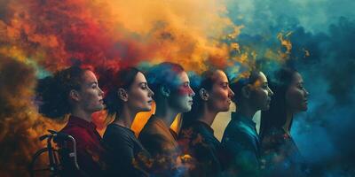 A diverse group of six women of different ethnicities, reflecting strength and resilience amidst vibrant colors and smoke. photo
