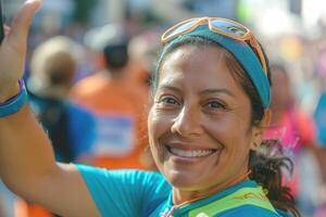 Cheerful Hispanic woman in sports attire, smiling and waving at a running event, exuding energy and enthusiasm. photo