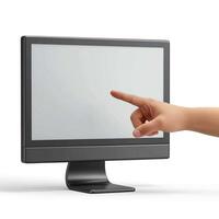 A close-up of a hand reaching toward a blank computer screen, symbolizing interaction and technology. photo