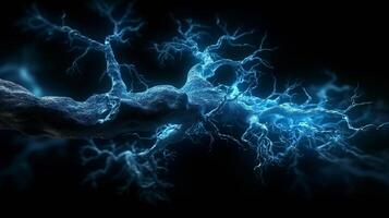 A detailed depiction of glowing neural connections in a dark environment, showcasing the intricate network of synapses. photo