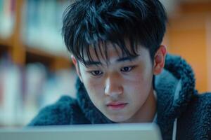 Focused young Asian male student engrossed in studying with a laptop in a cozy library setting. photo