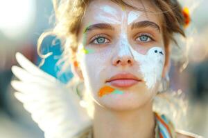 A young Caucasian woman with face paint and angel wings, exuding a vibrant and playful spirit in a colorful setting. photo