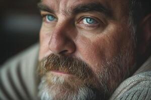 Close-up portrait of a middle-aged Caucasian man with piercing blue eyes and a thick beard, reflecting a moment of contemplation. photo