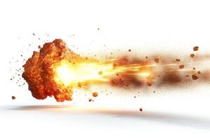 A vibrant explosion with fiery orange hues and flying debris, capturing dynamic energy in motion. photo