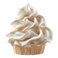 A beautifully crafted white cupcake topped with fluffy swirls of cream, showcasing an elegant and inviting dessert. photo