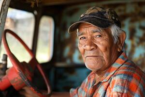 An elderly Latino man with gray hair and a weathered face smiles warmly while seated in an old truck. photo