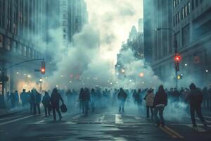 A diverse crowd of silhouettes in a foggy urban street, illustrating a moment of tension and unrest. photo