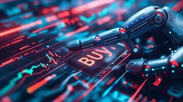 A robotic hand poised above a digital 'Buy' button, representing AI in trading and finance. Vibrant neon colors enhance the futuristic theme. photo