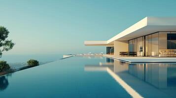 A modern luxury villa with an infinity pool overlooking a serene landscape, embodying tranquil elegance. photo