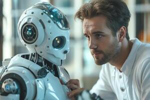 A focused young Caucasian man carefully examines a humanoid robot with a sleek design, highlighting the fusion of technology and humanity. photo