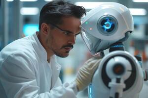 A focused male scientist examines a humanoid robot, highlighting the fusion of human innovation and technology. photo